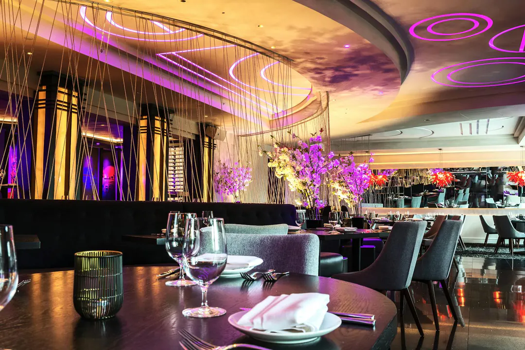 The dining room under rings of light, a cherry-blossom installation lit pink and violet above set tables.